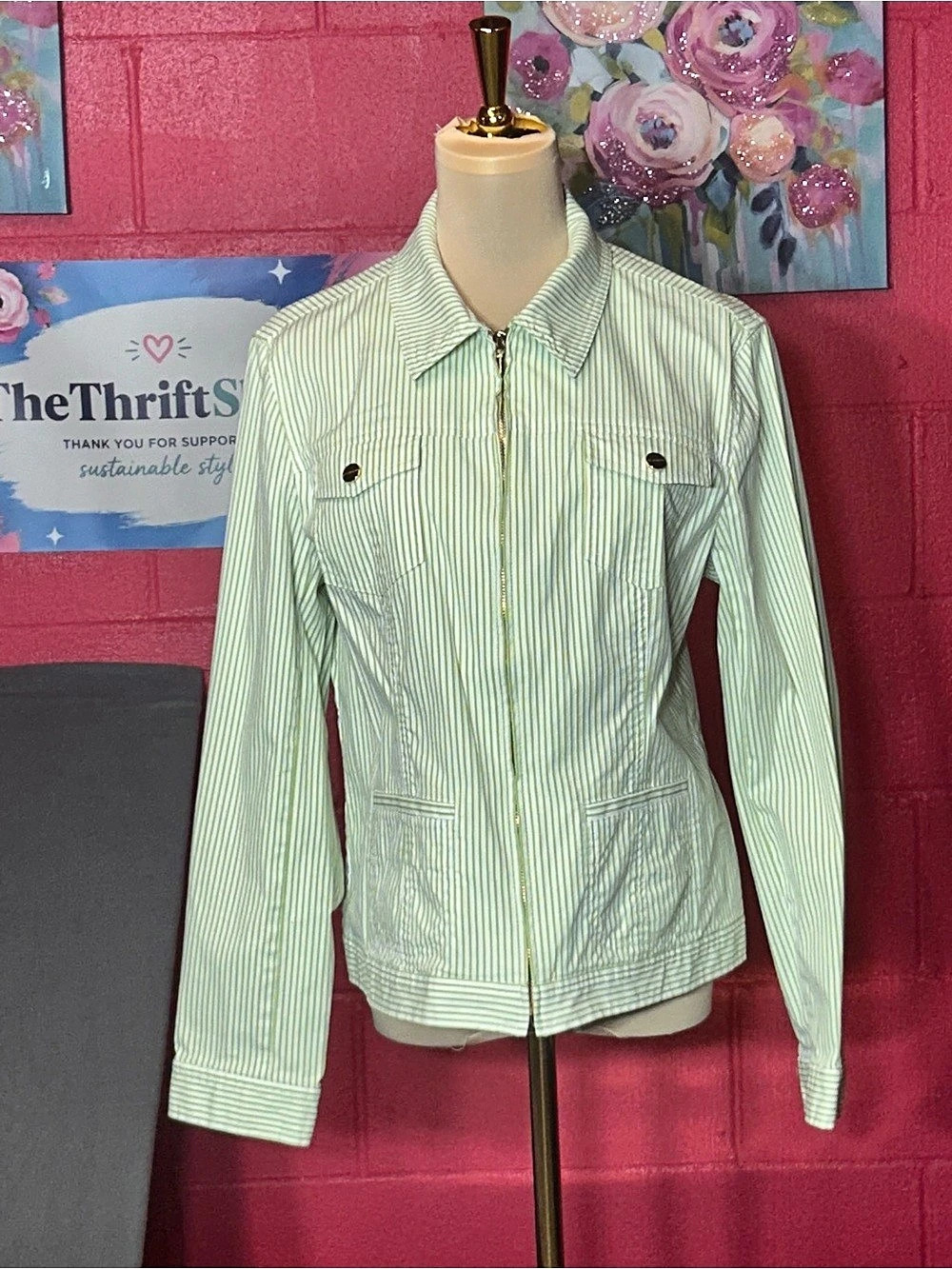 Jones New York Signature Stretch Utility Jacket Striped Utility Jacket in Green